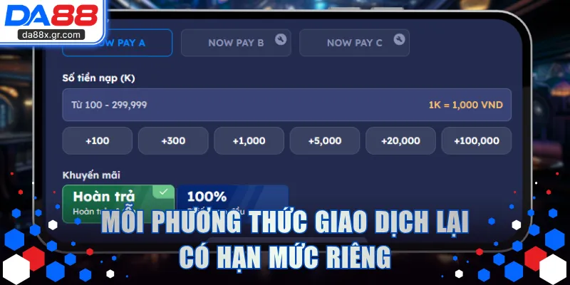 Mỗi phương thức giao dịch lại có hạn mức riêng